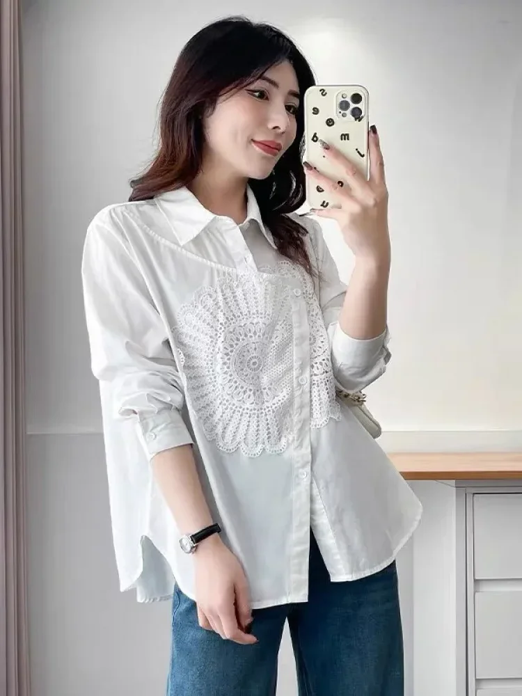 FADFAD Atasan kemeja longgar desain tidak beraturan lengan panjang kerah polo warna kontras untuk wanita gaya modis