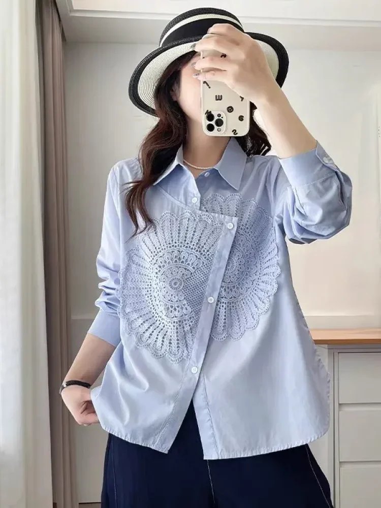 FADFAD Atasan kemeja longgar desain tidak beraturan lengan panjang kerah polo warna kontras untuk wanita gaya modis