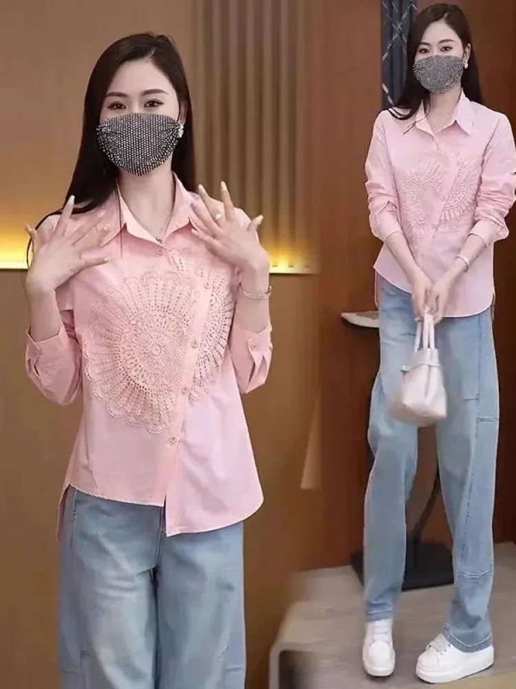 FADFAD Atasan kemeja longgar desain tidak beraturan lengan panjang kerah polo warna kontras untuk wanita gaya modis