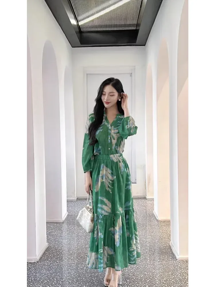 [CUCI GUDANG]CHICMORE Kemeja ringan bermotif tanaman hijau setelan rok untuk wanita