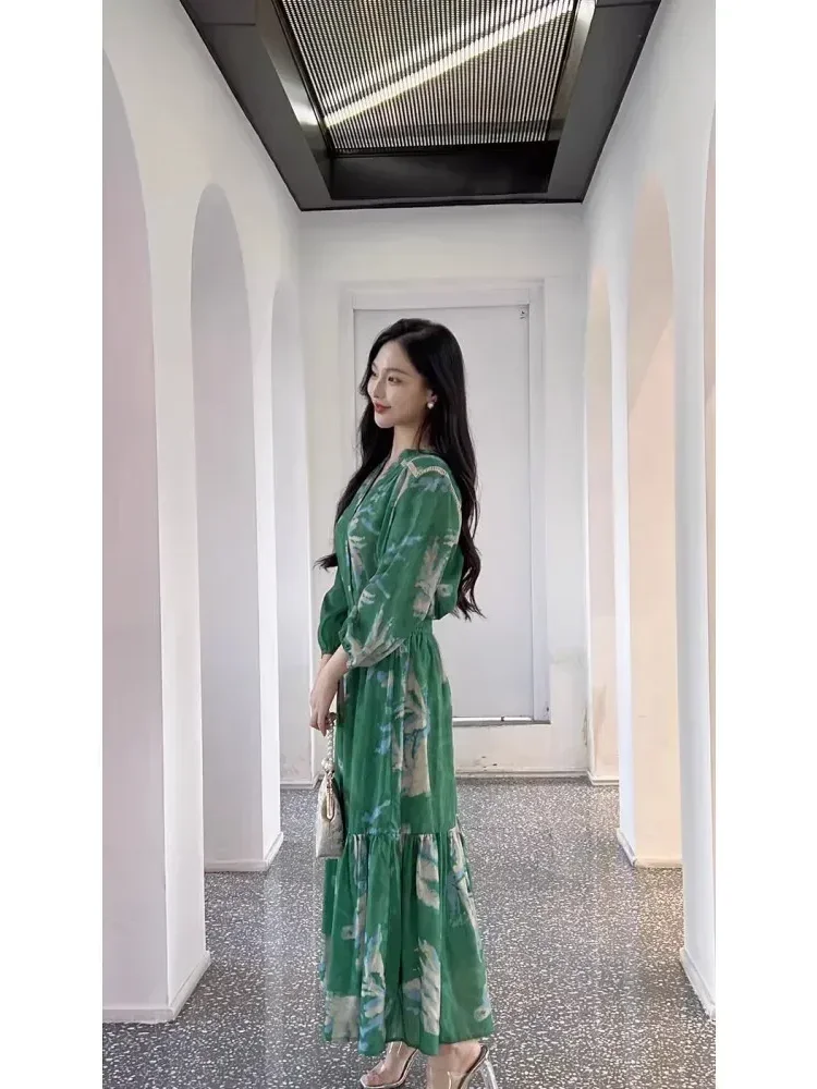 [CUCI GUDANG]CHICMORE Kemeja ringan bermotif tanaman hijau setelan rok untuk wanita