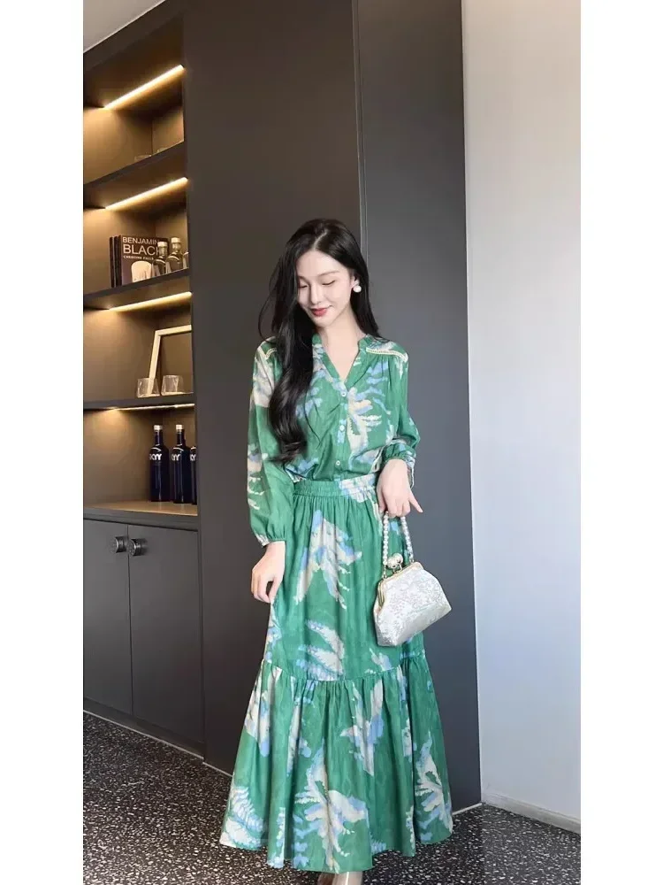 [CUCI GUDANG]CHICMORE Kemeja ringan bermotif tanaman hijau setelan rok untuk wanita