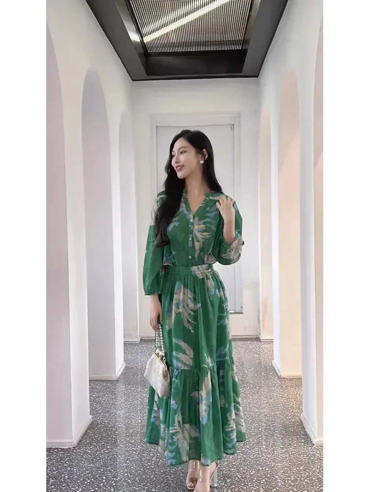 [CUCI GUDANG]CHICMORE Kemeja ringan bermotif tanaman hijau setelan rok untuk wanita