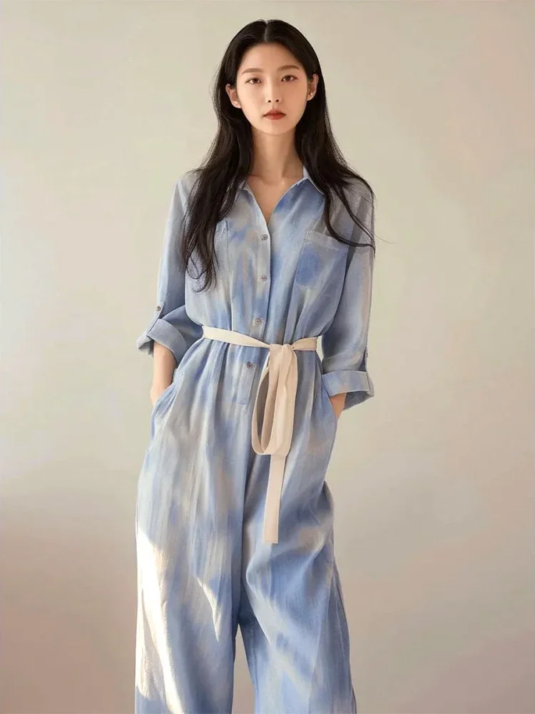 [NEW]FADFAD Simple commuting loose contrast color tie shirt jumpsuit