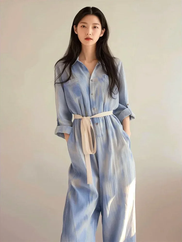 [NEW]FADFAD Simple commuting loose contrast color tie shirt jumpsuit