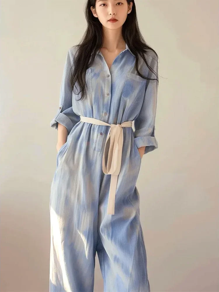 [NEW]FADFAD Simple commuting loose contrast color tie shirt jumpsuit