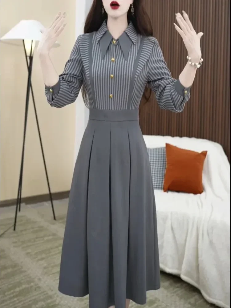 [DISKON KILAT]FADFAD Gaun dua potong palsu sambungan bergaris untuk wanita dengan rok berlipat kerah polo