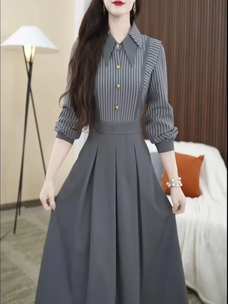 [DISKON KILAT]FADFAD Gaun dua potong palsu sambungan bergaris untuk wanita dengan rok berlipat kerah polo