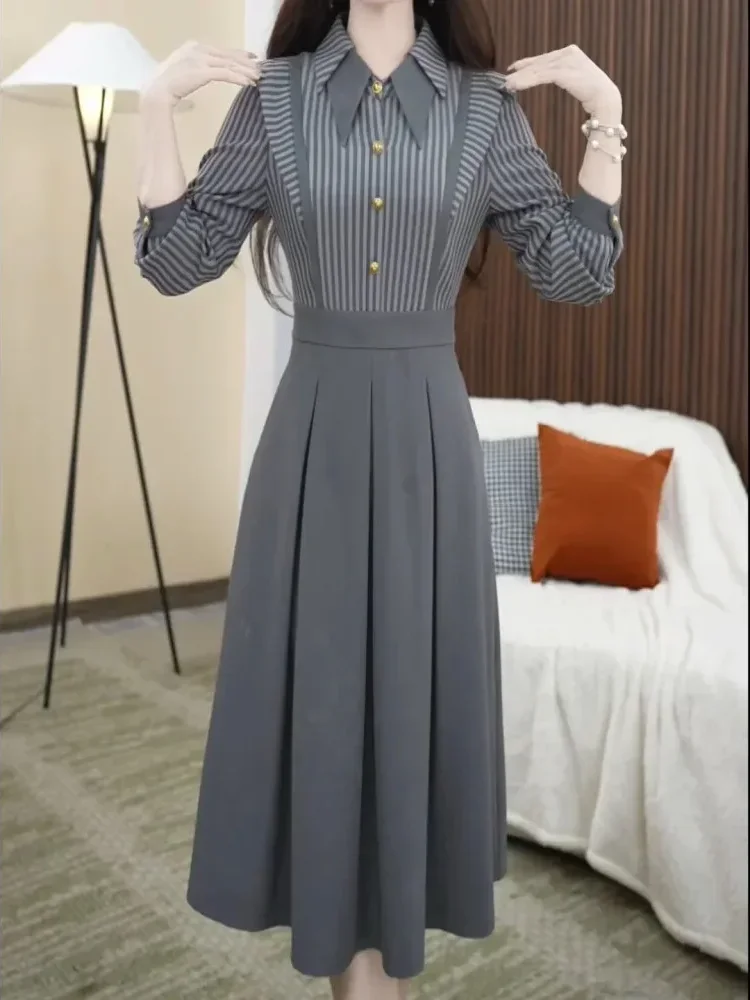 [DISKON KILAT]FADFAD Gaun dua potong palsu sambungan bergaris untuk wanita dengan rok berlipat kerah polo