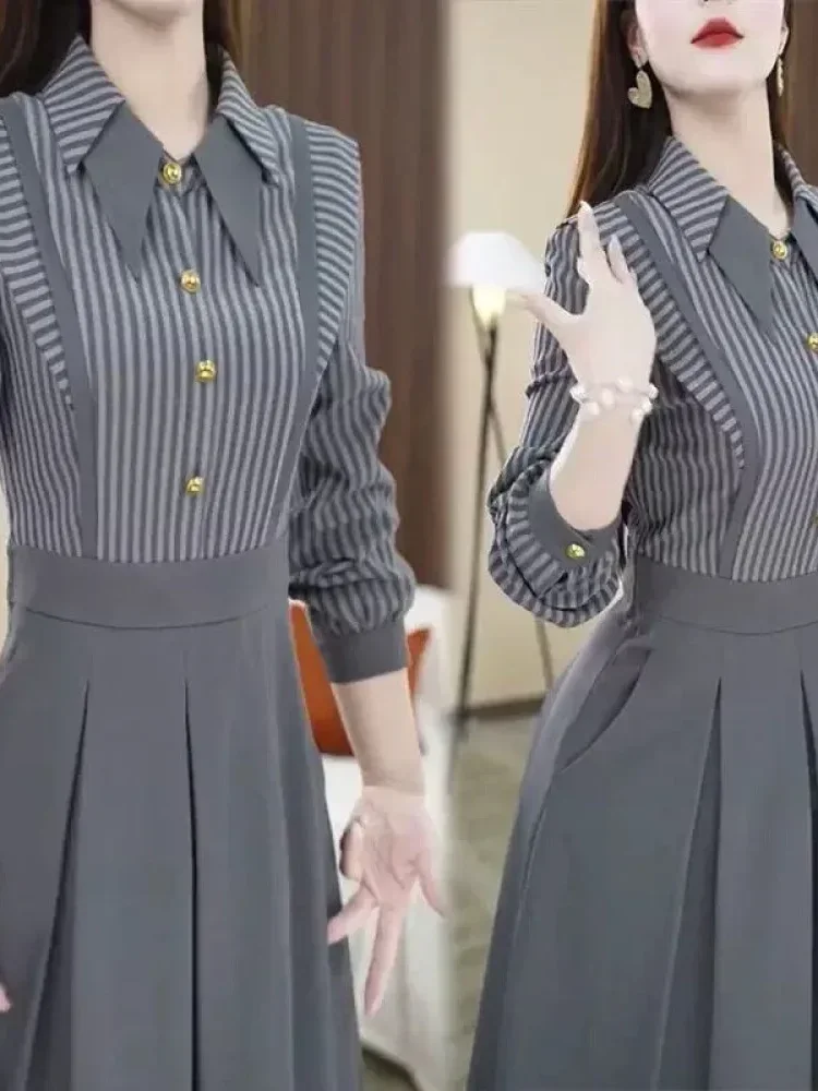 [DISKON KILAT]FADFAD Gaun dua potong palsu sambungan bergaris untuk wanita dengan rok berlipat kerah polo
