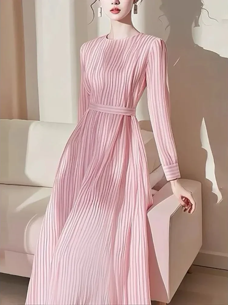 [DISKON KILAT]CHICMORE Gaun wanta rok panjang lengan panjang lipatan bergaris warna pink