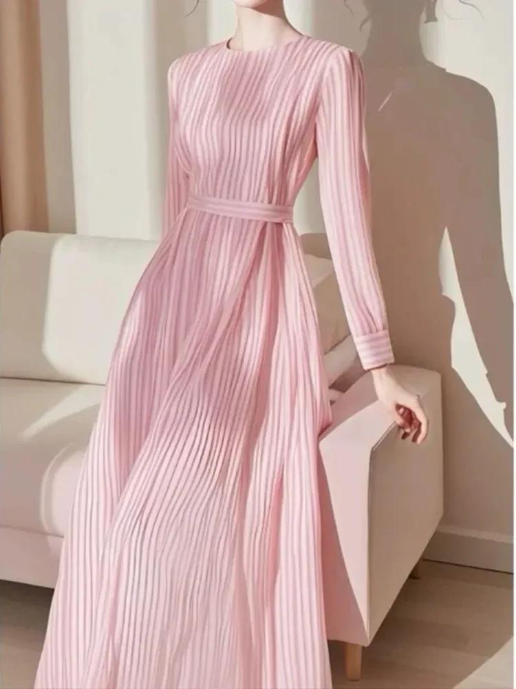 [DISKON KILAT]CHICMORE Gaun wanta rok panjang lengan panjang lipatan bergaris warna pink