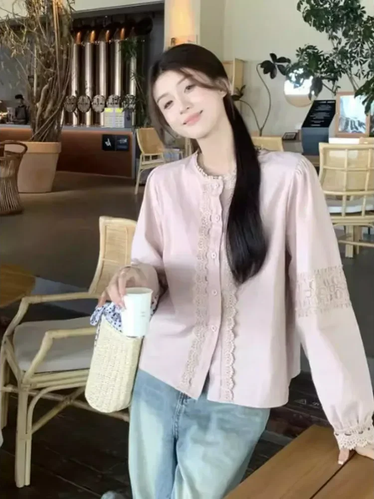 [DISKON KILAT]CHICMORE Atasan kemeja renda leher bulat lengan puff