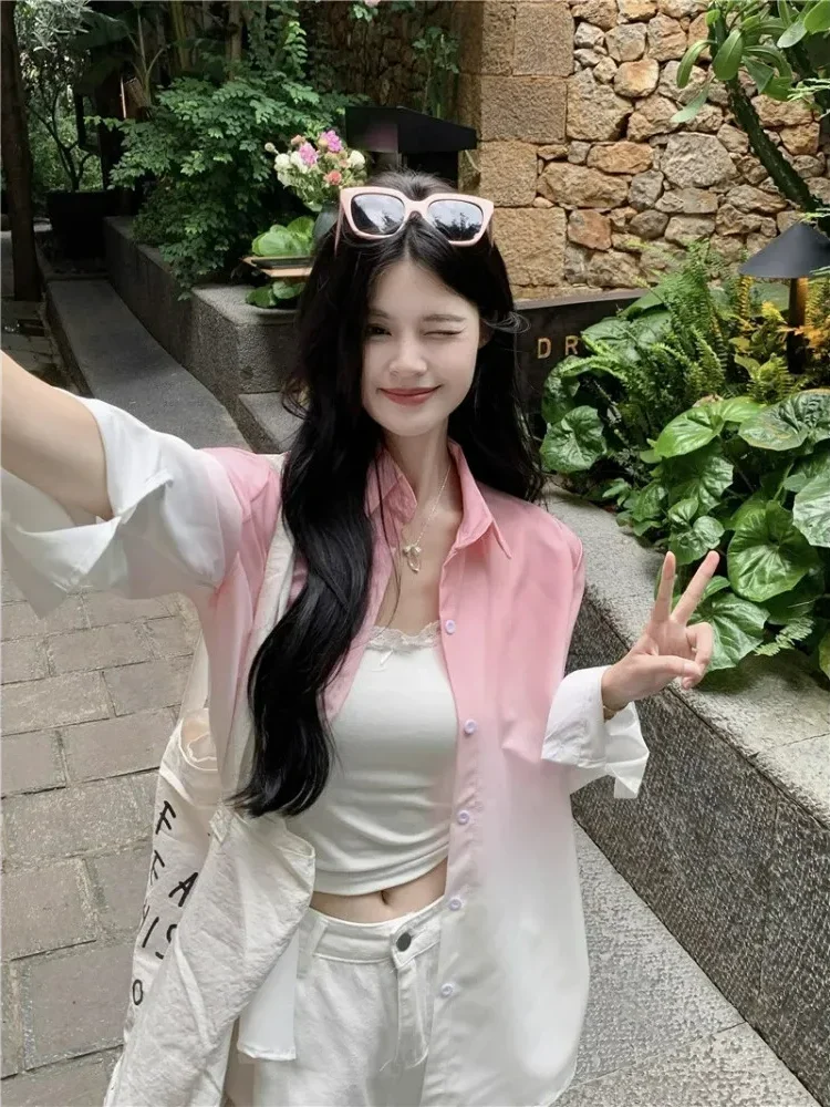 [NEW]CHICMORE Atasan kemeja kerah gradien lengan panjang untuk wanita