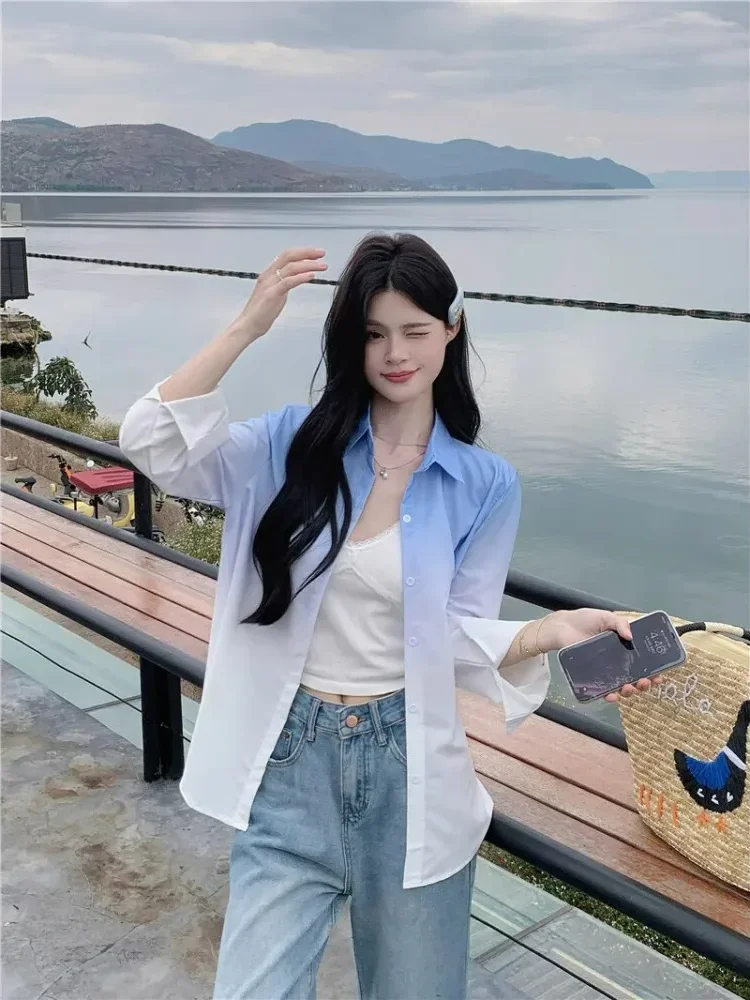 [NEW]CHICMORE Atasan kemeja kerah gradien lengan panjang untuk wanita