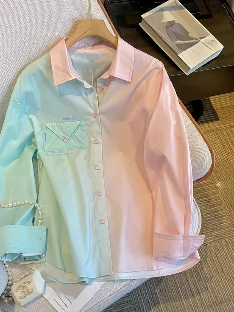 [NEW]CHICMORE Kemeja penyambungan dua warna sejati transisi warna alami desain modis tombol elegan