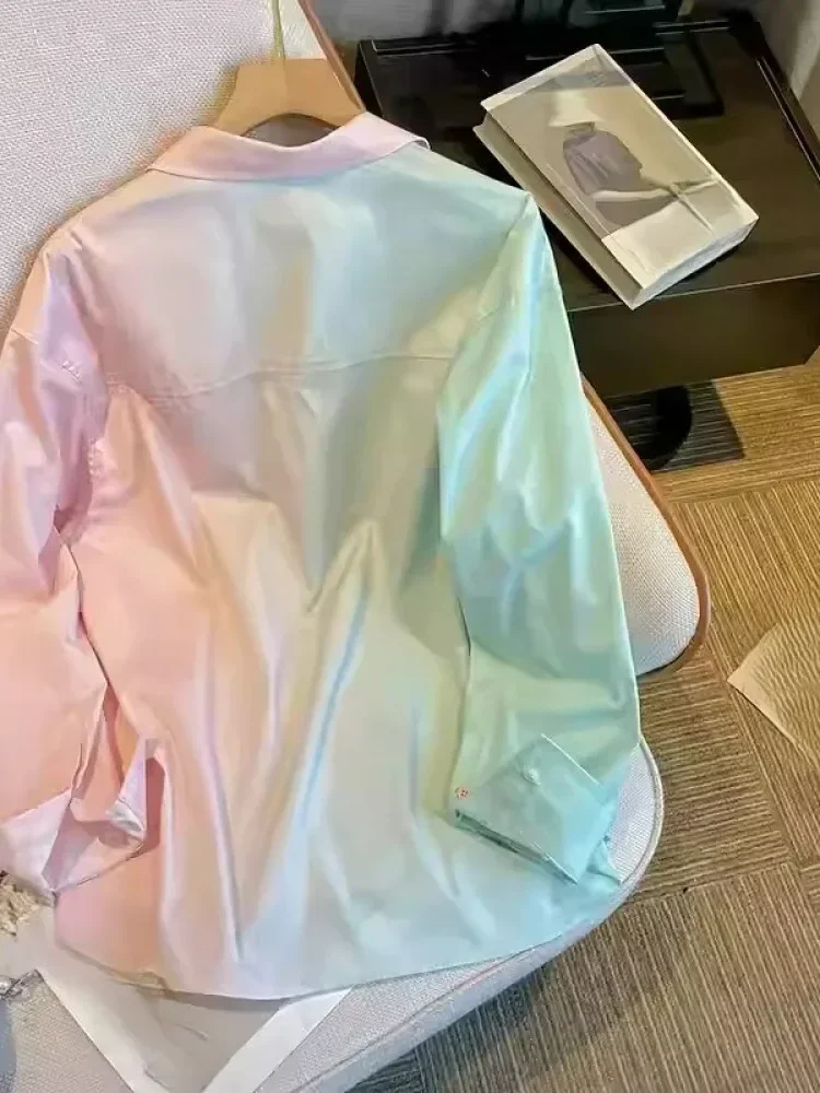 [NEW]CHICMORE Kemeja penyambungan dua warna sejati transisi warna alami desain modis tombol elegan