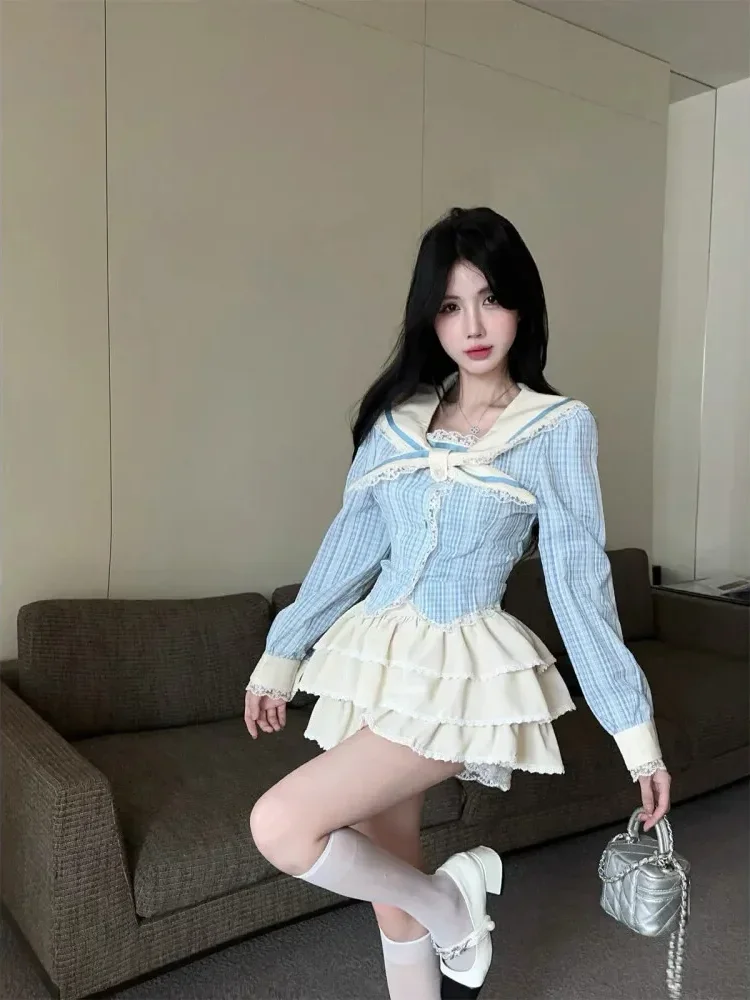 CHICMORE Atasan lengan panjang sambungan kotak-kotak gaya kasual untuk wanita