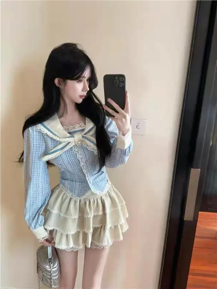 CHICMORE Atasan lengan panjang sambungan kotak-kotak gaya kasual untuk wanita