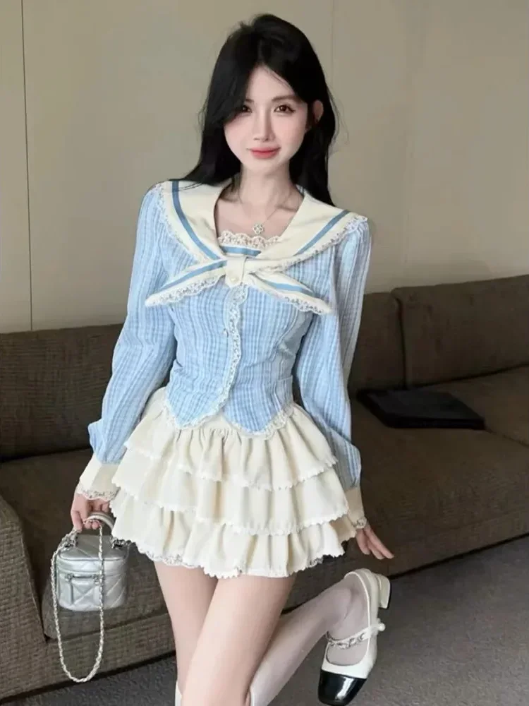 CHICMORE Atasan lengan panjang sambungan kotak-kotak gaya kasual untuk wanita