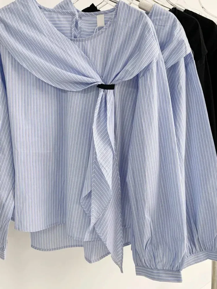 [DISKON KILAT]CHICMORE Atasan kemeja lengan panjang motif garis - garis dengan gaya kasual untuk wanita