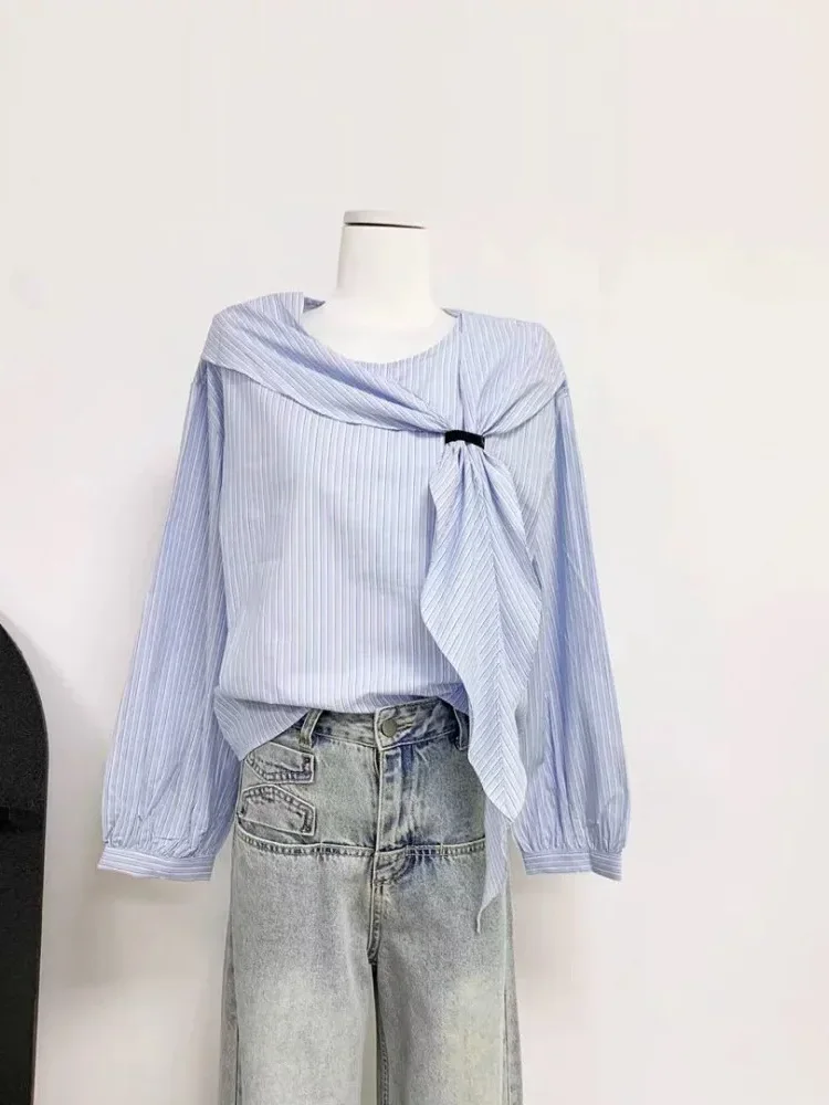 [DISKON KILAT]CHICMORE Atasan kemeja lengan panjang motif garis - garis dengan gaya kasual untuk wanita