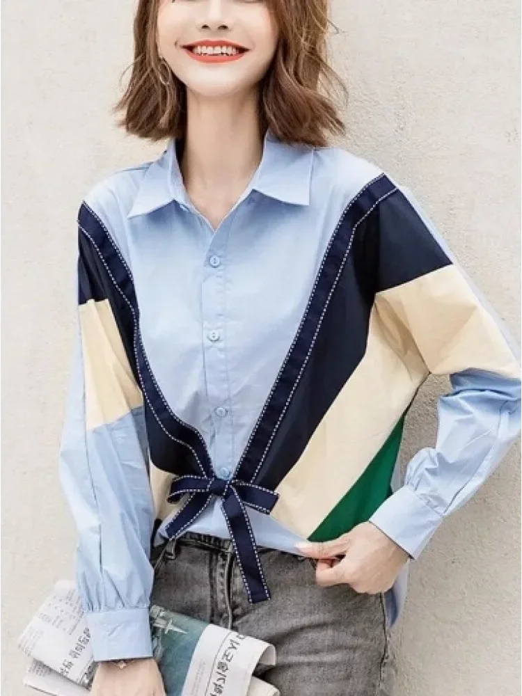 [DISKON KILAT]CHICMORE Atasan kemeja casual lengan panjang bergaris warna kontras kekinian korean style
