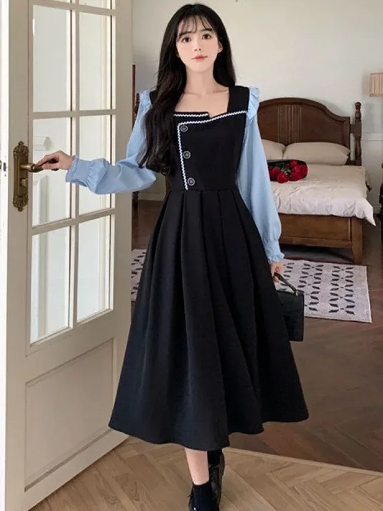 CHICMORE French-style fake two-piece square-neck long-sleeved dress