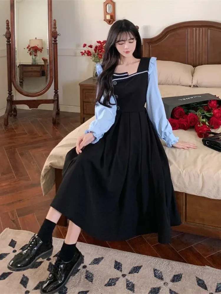 CHICMORE French-style fake two-piece square-neck long-sleeved dress