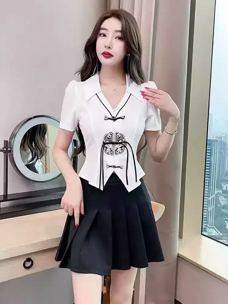 CHICMORE Atasan kemeja lengan pendek desain retro kasual untuk wanita