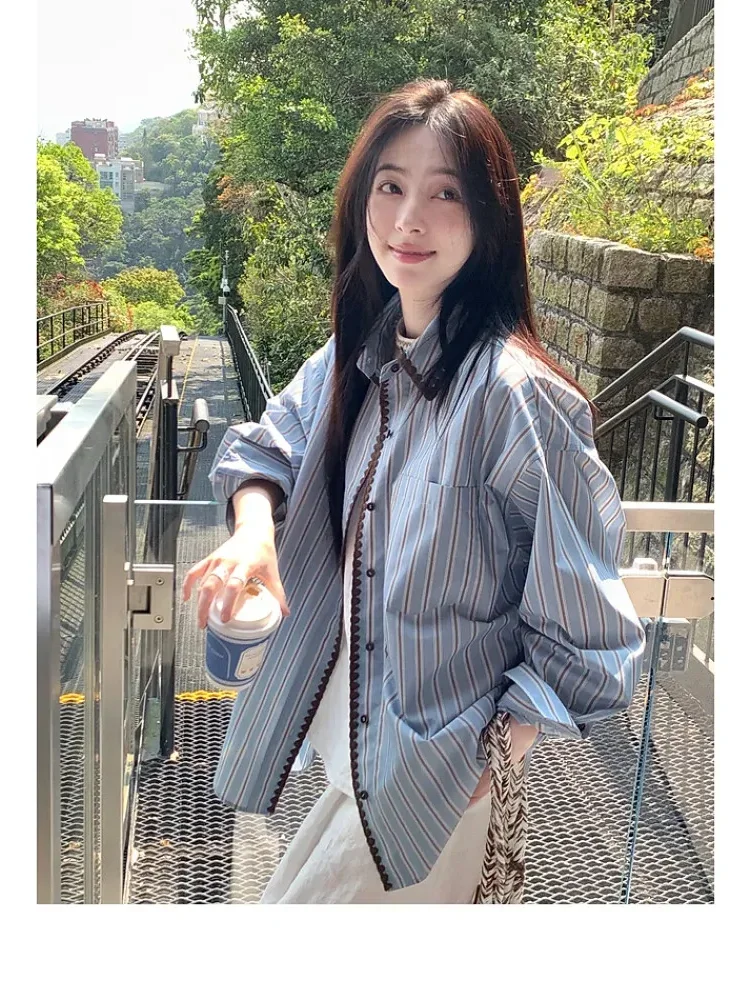 [NEW]CHICMORE Atasan lengan panjang terdapat kancing aktif sebaris dengan motif garis-garis