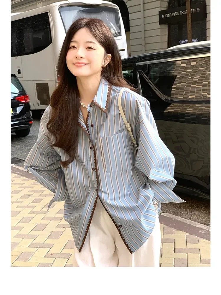 [NEW]CHICMORE Atasan lengan panjang terdapat kancing aktif sebaris dengan motif garis-garis