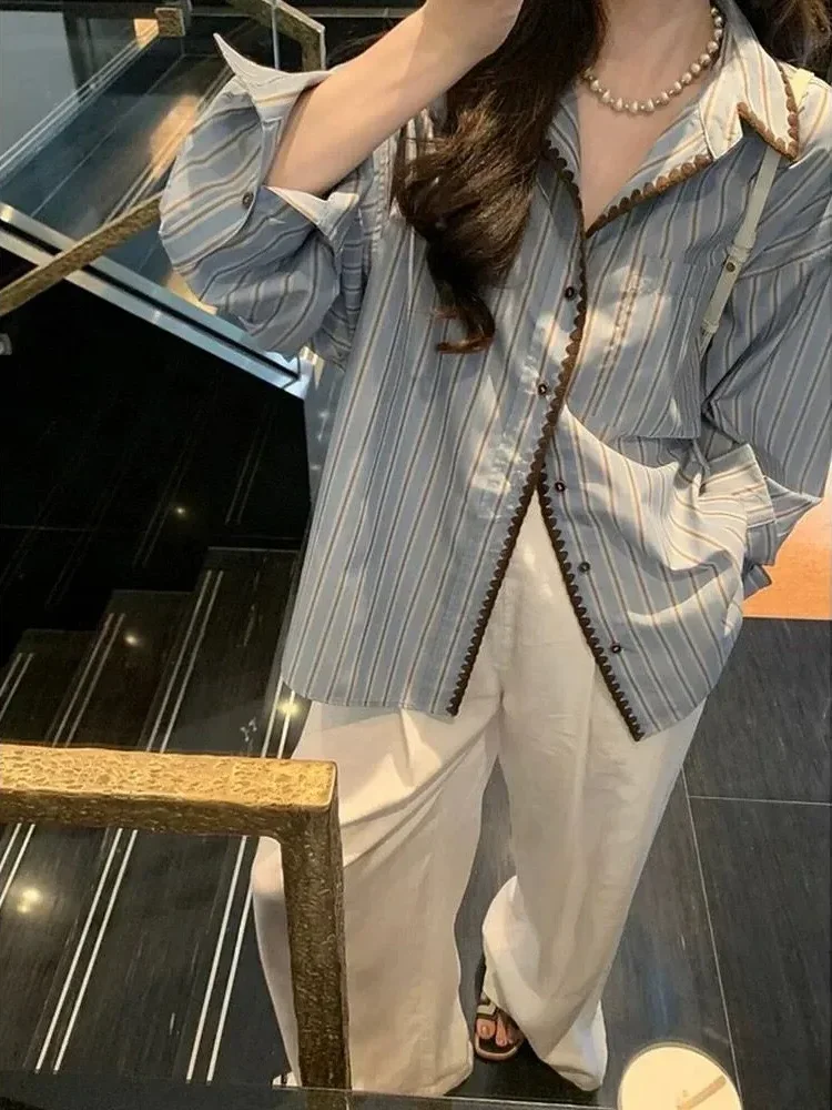 [NEW]CHICMORE Atasan lengan panjang terdapat kancing aktif sebaris dengan motif garis-garis