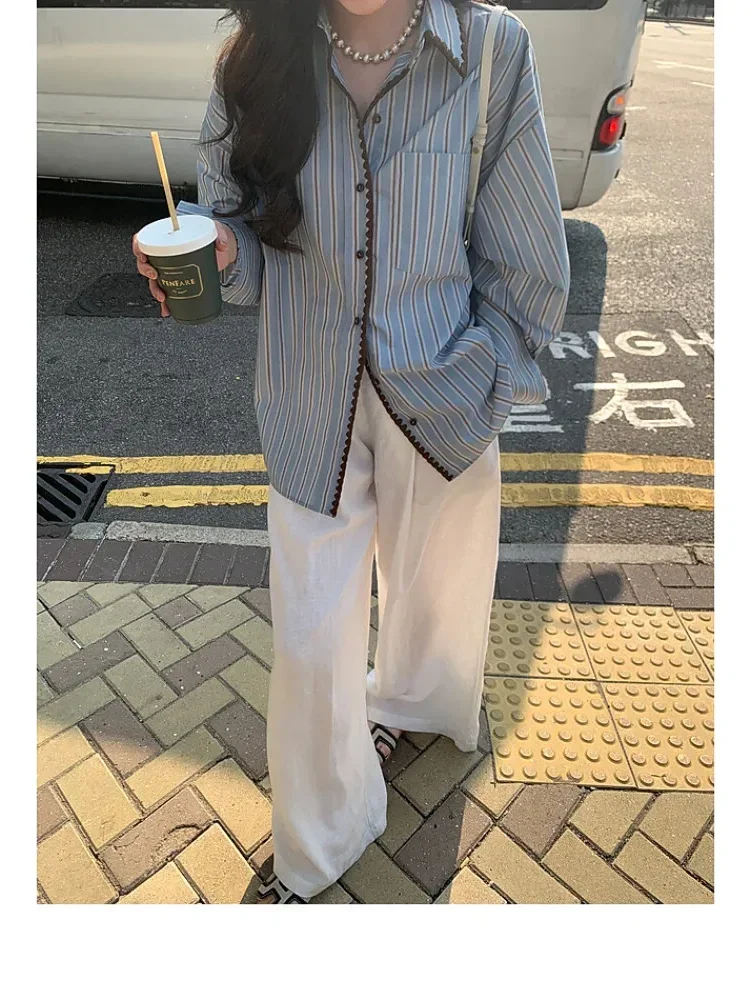 [NEW]CHICMORE Atasan lengan panjang terdapat kancing aktif sebaris dengan motif garis-garis