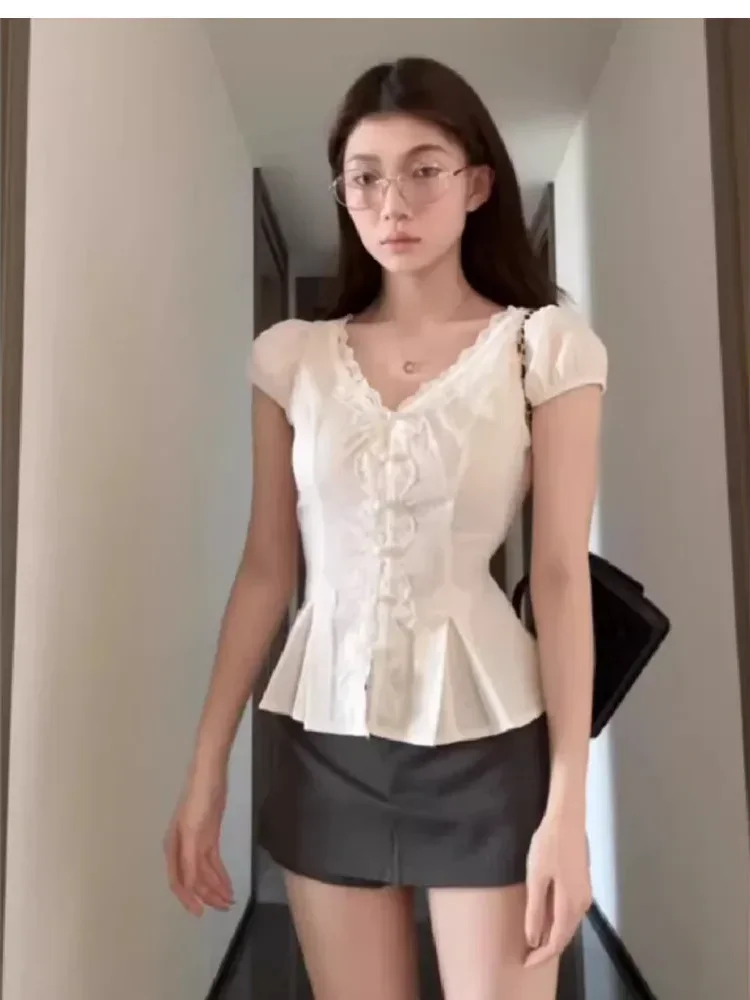 CHICMORE Atasan kemeja lengan puff v-neck warna kontras gaya modis untuk wanita