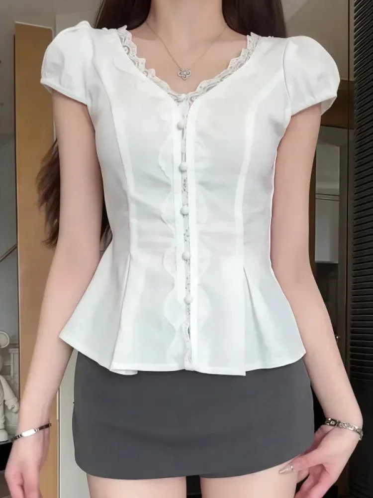 CHICMORE Atasan kemeja lengan puff v-neck warna kontras gaya modis untuk wanita