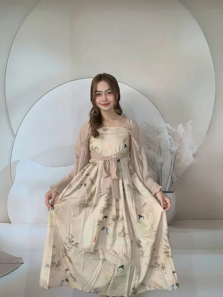 [DISKON KILAT]CHICMORE Gaun wanita mode ramping rok midi lengan panjang square neck cantik
