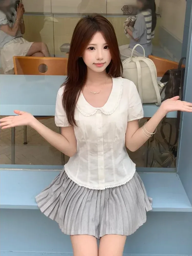 CHICMORE Atasan lengan pendek polos dengan model kerah boneka gaya elegan untuk wanita