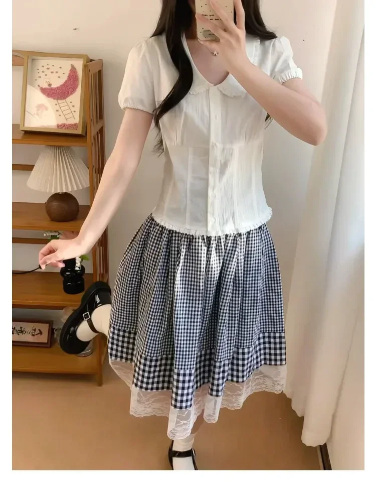 CHICMORE Atasan lengan pendek polos dengan model kerah boneka gaya elegan untuk wanita