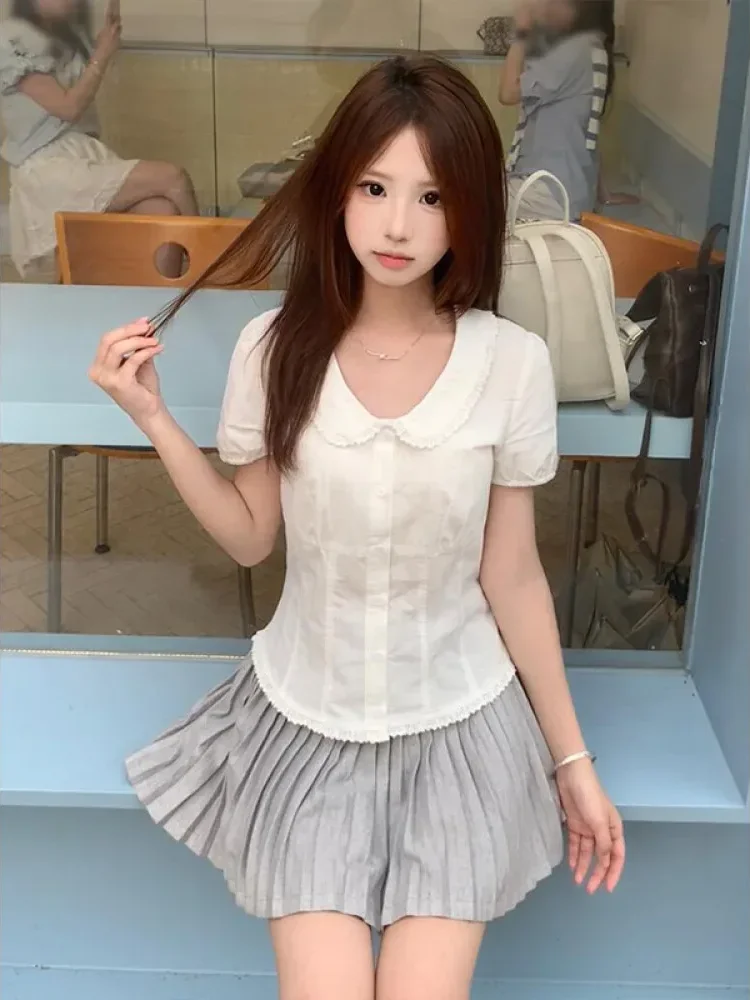 CHICMORE Atasan lengan pendek polos dengan model kerah boneka gaya elegan untuk wanita