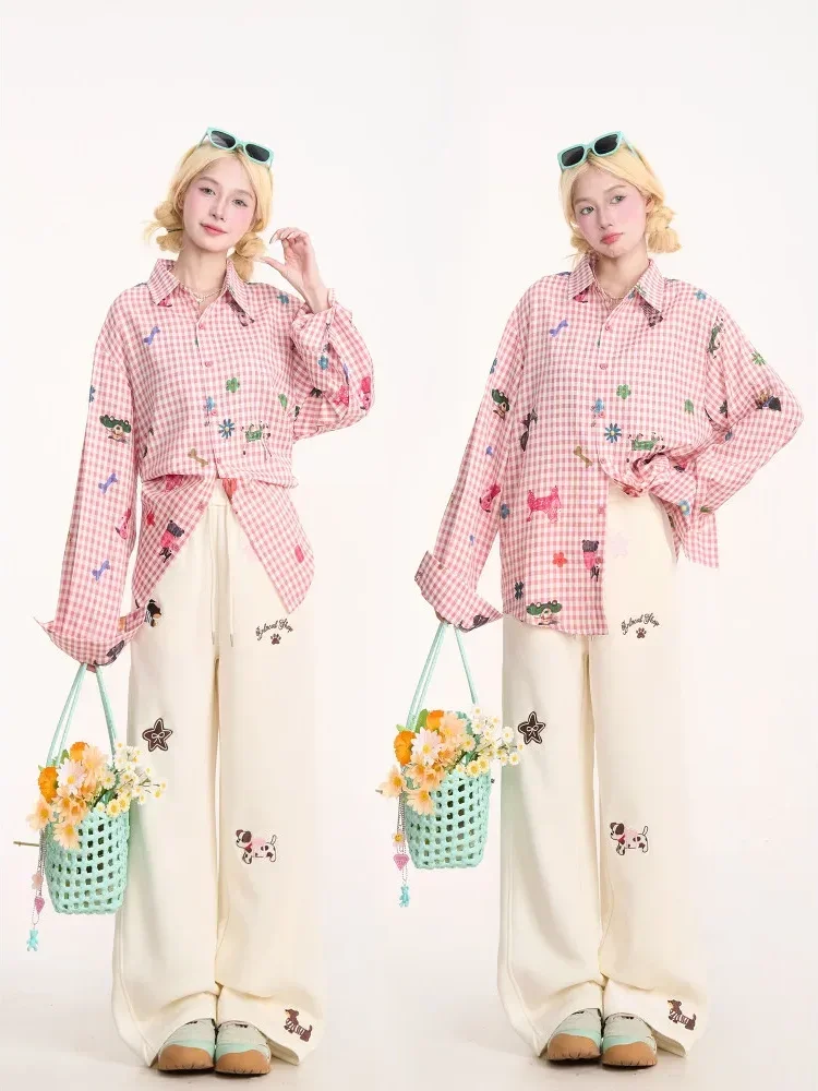 CHICMORE Atasan kemeja longgar lengan panjang dengan motif kotak-kotak kecil gaya kasual kekinian untuk wanita
