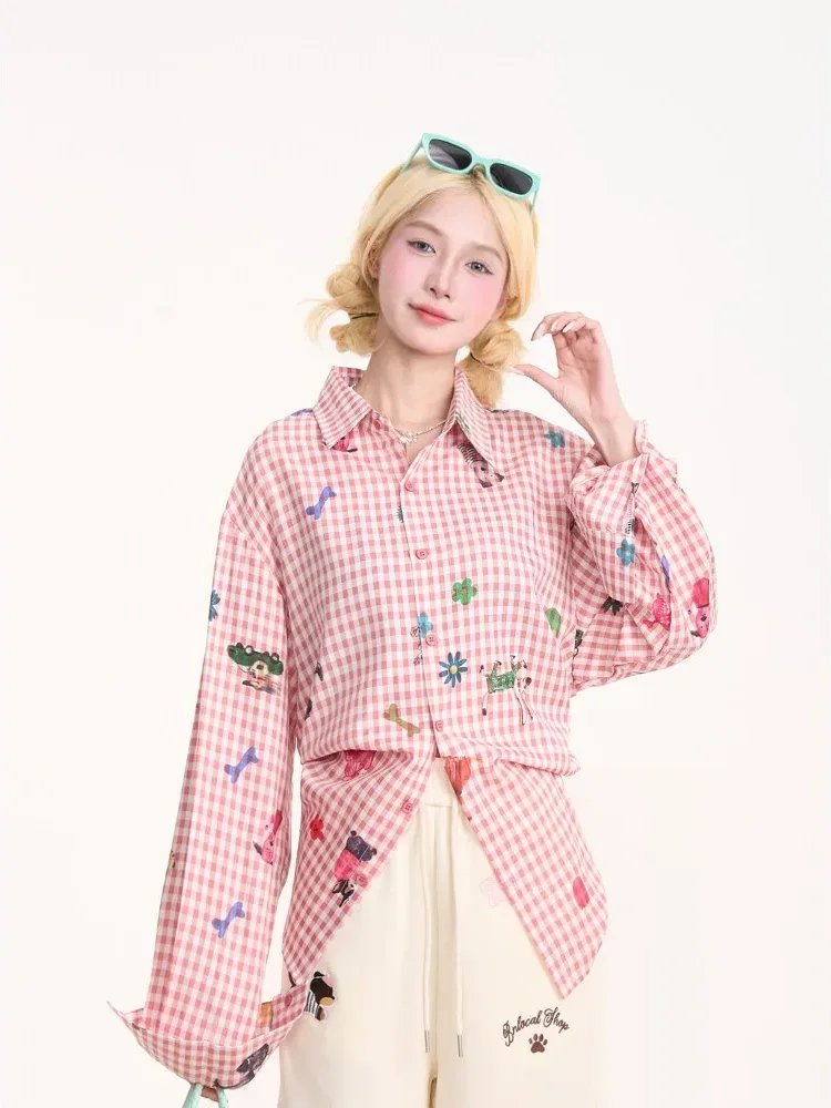CHICMORE Atasan kemeja longgar lengan panjang dengan motif kotak-kotak kecil gaya kasual kekinian untuk wanita