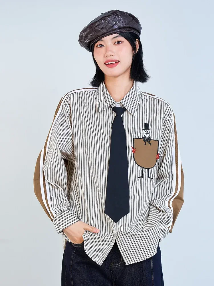 [DISKON KILAT]CHICMORE Atasan kemeja lengan panjang kerah polo motif bergaris warna kontras kasual aru
