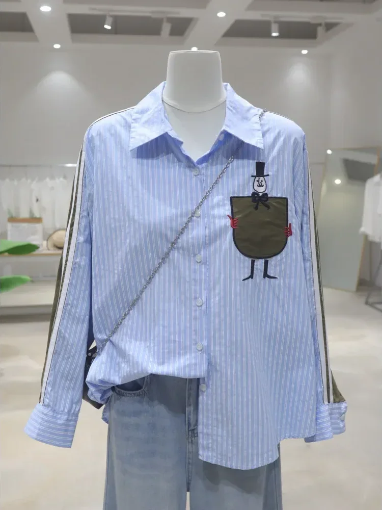 [DISKON KILAT]CHICMORE Atasan kemeja lengan panjang kerah polo motif bergaris warna kontras kasual aru