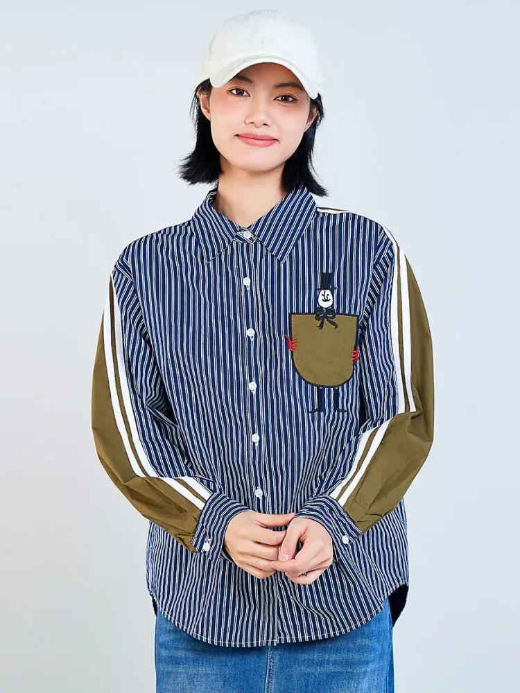 [DISKON KILAT]CHICMORE Atasan kemeja lengan panjang kerah polo motif bergaris warna kontras kasual aru