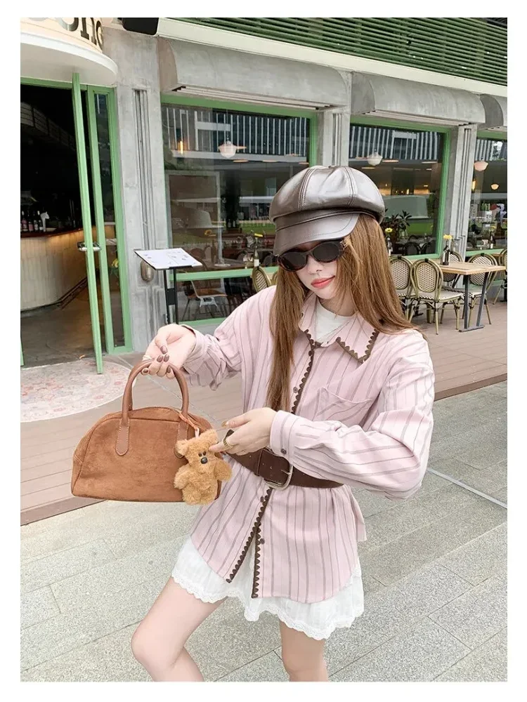 CHICMORE Atasan kemeja motif bergaris wwarna kontras lucu kerah polo gaya korea
