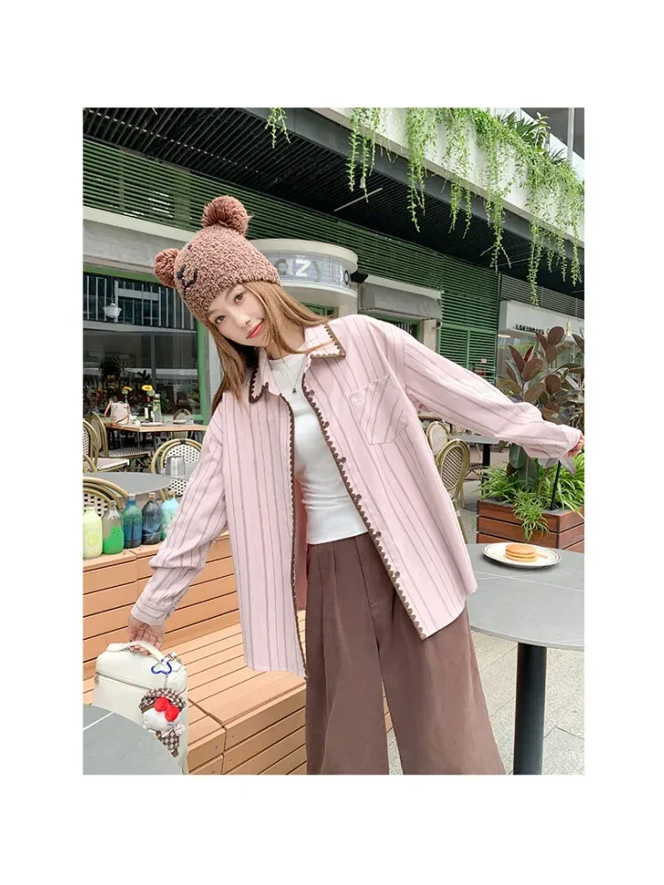 CHICMORE Atasan kemeja motif bergaris wwarna kontras lucu kerah polo gaya korea