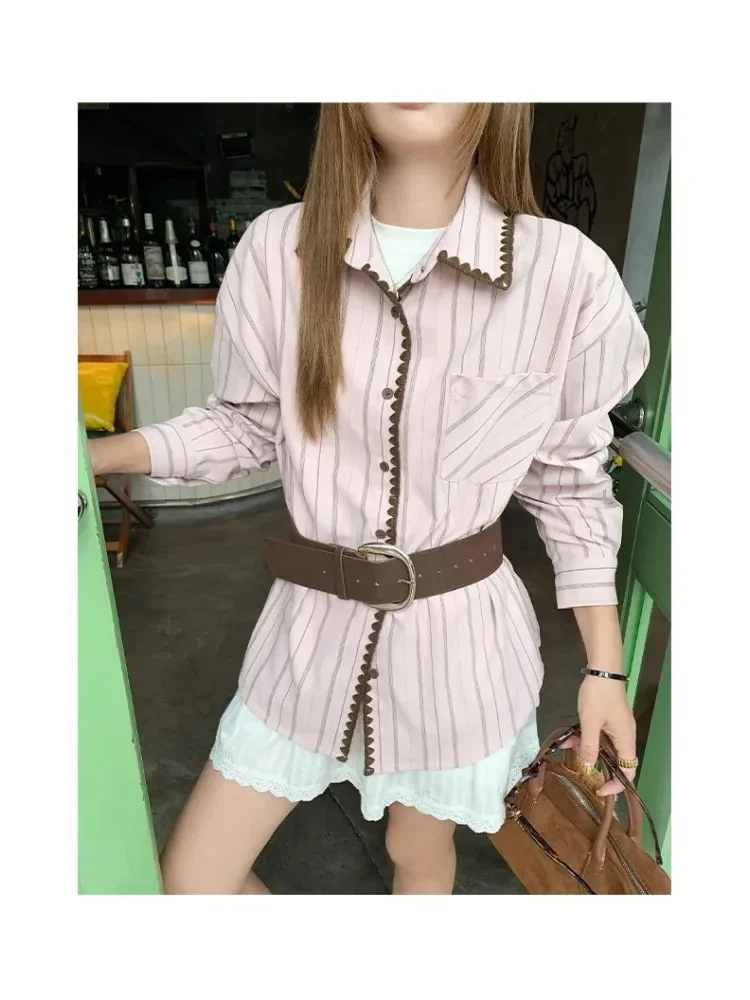 CHICMORE Atasan kemeja motif bergaris wwarna kontras lucu kerah polo gaya korea