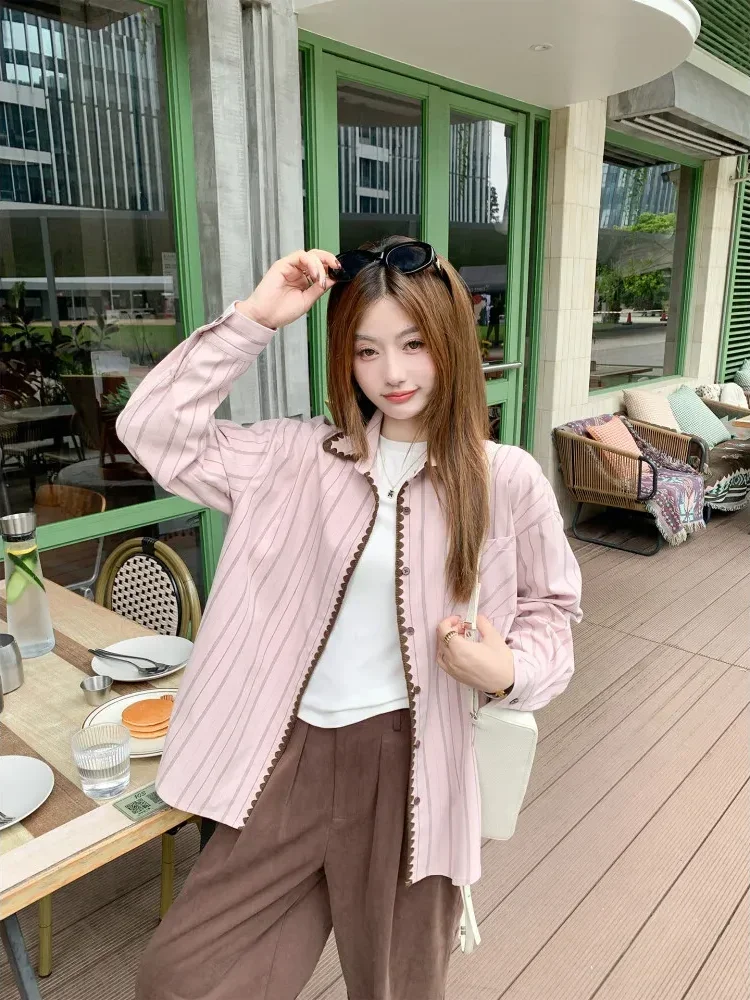 CHICMORE Atasan kemeja motif bergaris wwarna kontras lucu kerah polo gaya korea