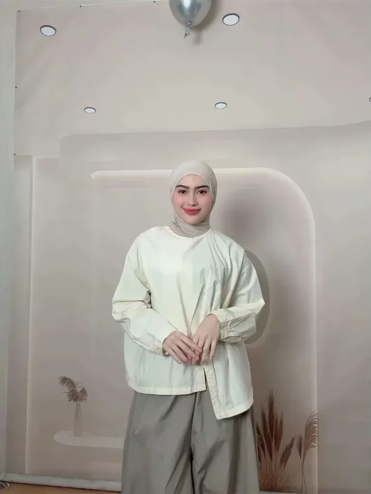 [CUCI GUDANG]CHICMORE Atasan lengan panjang warna solid kerah bulat longgar untuk wanita